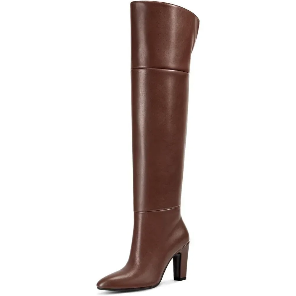 Women's light Brown High Thigh Over the Knee Chunky Side Zipper Calf Design Boot